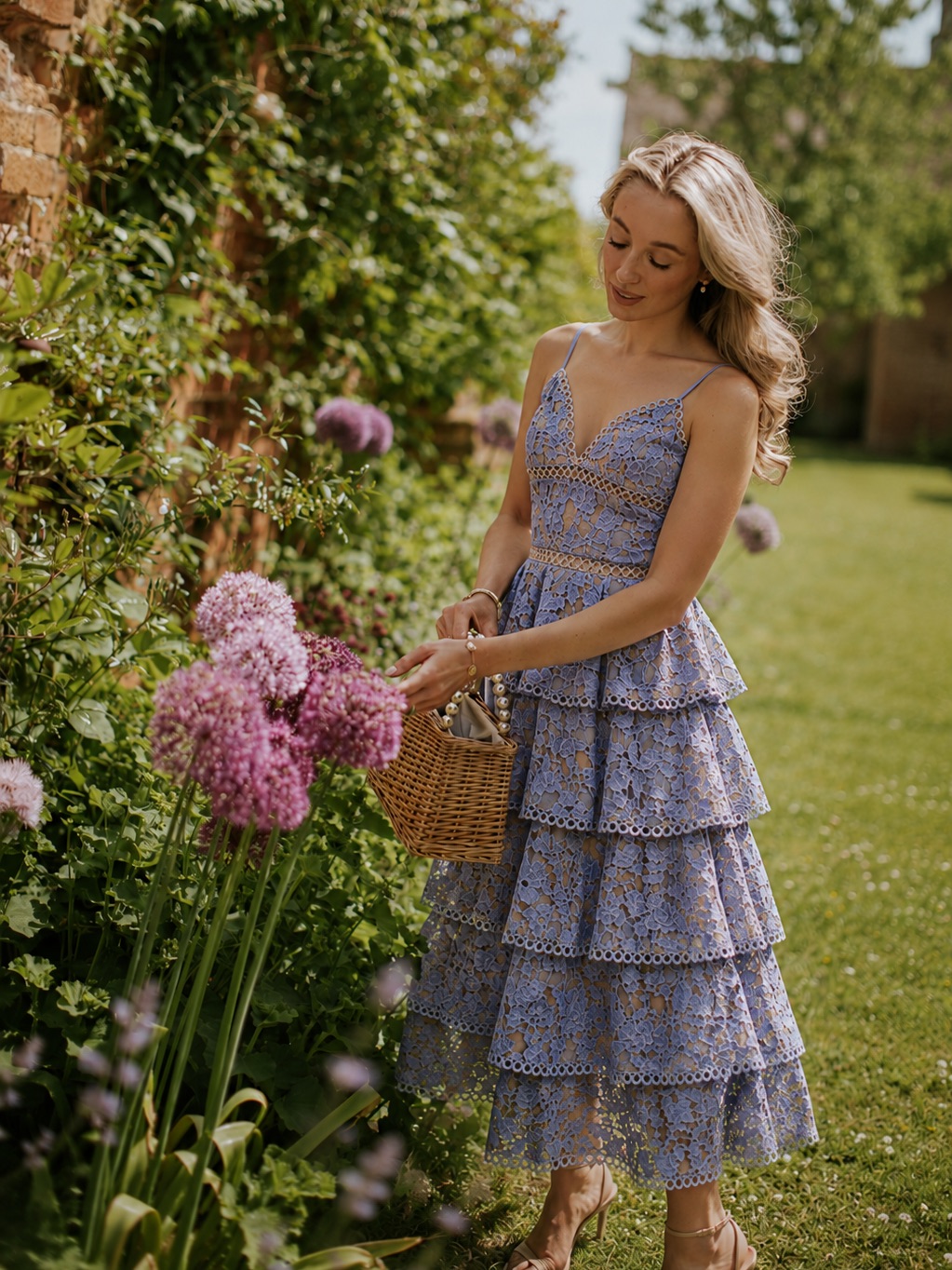 Sau Lee Violet Camellia Lace Tiered Midi Dress